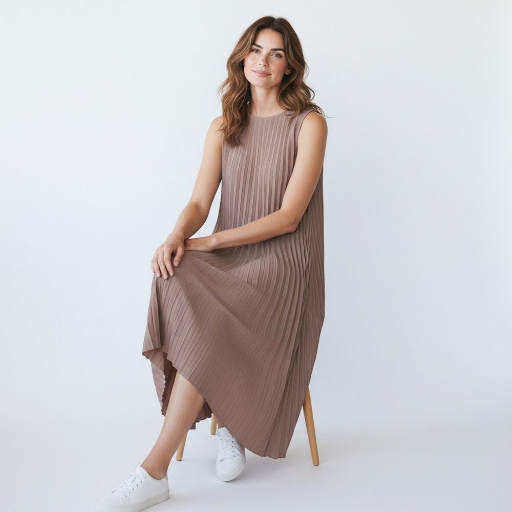 ELLIE MAKIR MIDI PLEATED DRESS MODEST HIGH-LOW HEM WOMEN SIZE LARGE - Picture 2 of 15
